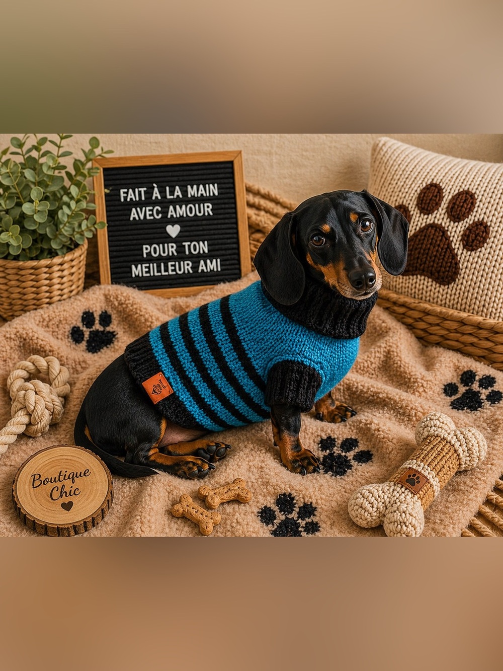 Black & Teal Striped Dog Sweater - Cozy hand-knitted for Small Dogs